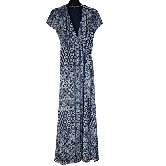 Aakaa Boho Maxi Dress Blue White Geo Print Short Sleeve Lightweight Small Resort - Picture 1 of 13